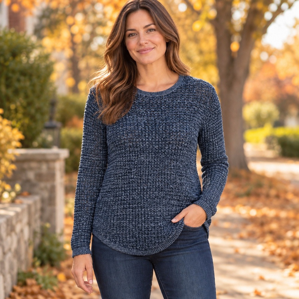 Jeanne Pierre Women's L Navy Blue Cotton Open Waffle Knit Coastal Sweater
